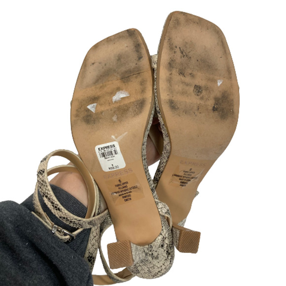 Express Sandals Womens Sz 6 Ivory Black Snake Print Ankle Strap Square Toe Heel - Picture 4 of 7